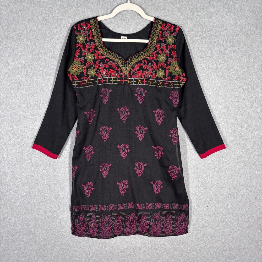 Paisley Embroidered Kurti Tunic‎ Top Size 40 US Medium Indian Ethnic Modest Thin